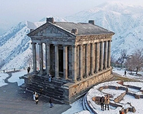 Garni Temple in snowy mountains