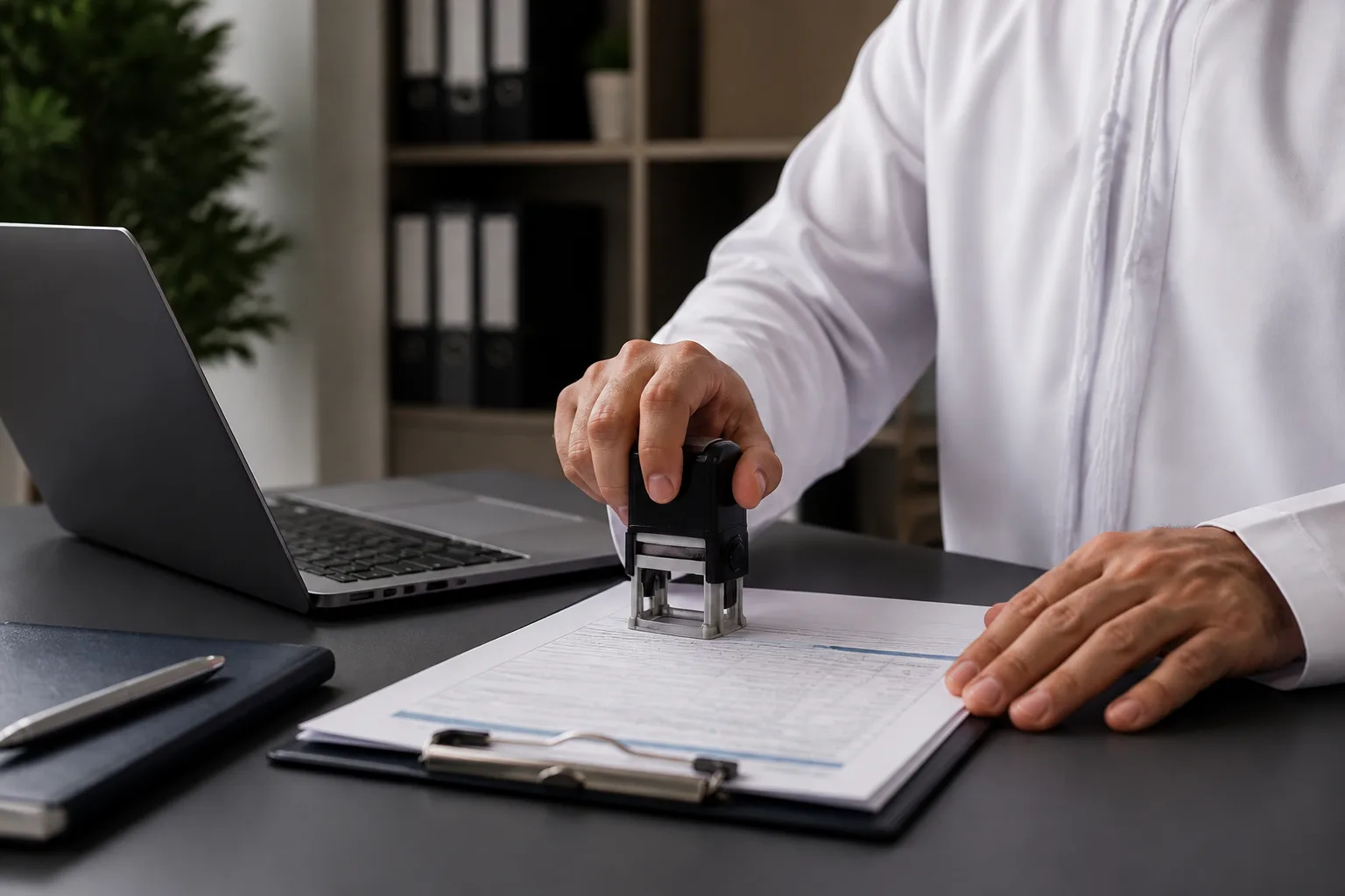 Trade License Renewal in Dubai beside a Dubai trade license document and a modern office