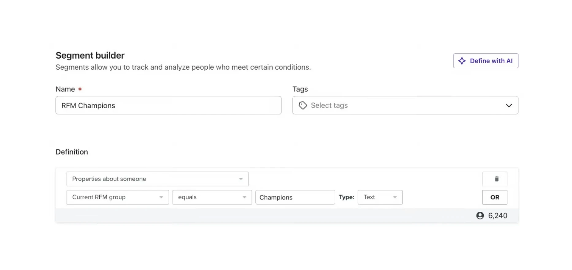 Klaviyo segment builder with Properties about someone selected and the RFM segment property chosen as the condition