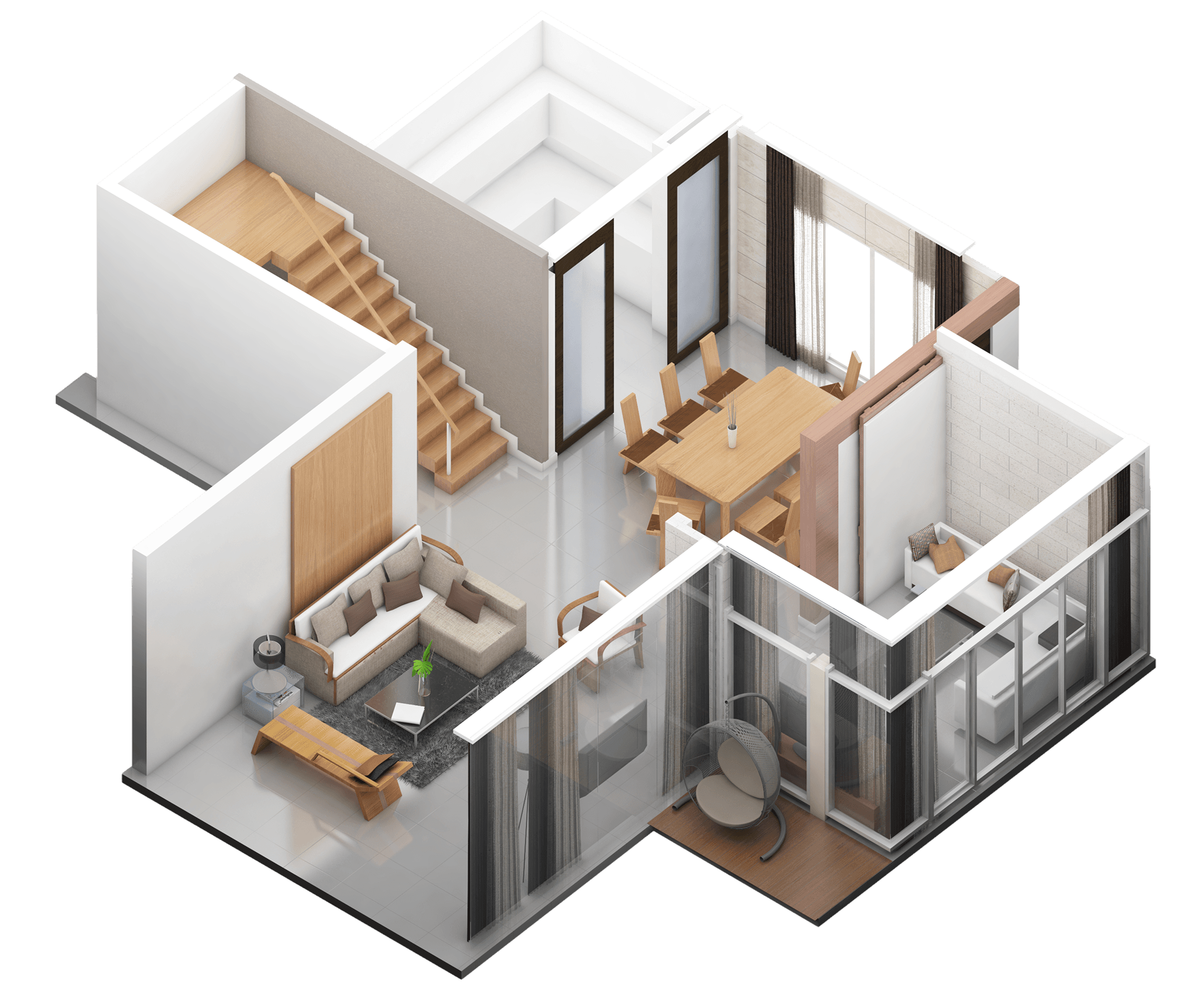 3D floor plan of a modern apartment with multiple rooms, including a kitchen, living area, and staircase.