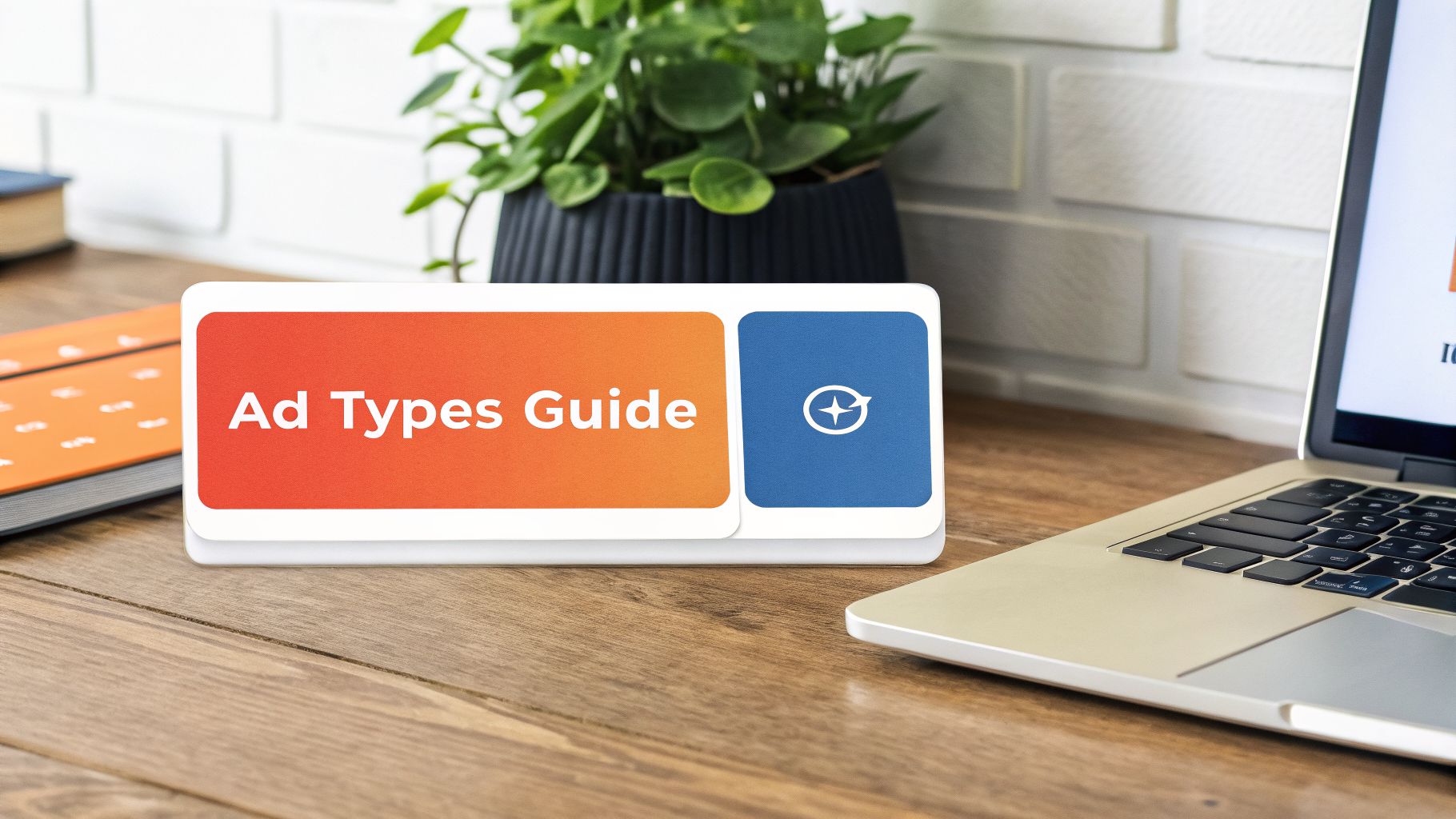 A desk sign displaying 'Ad Types Guide' on an orange panel and a compass icon on a blue panel, on a wooden desk next to a laptop.