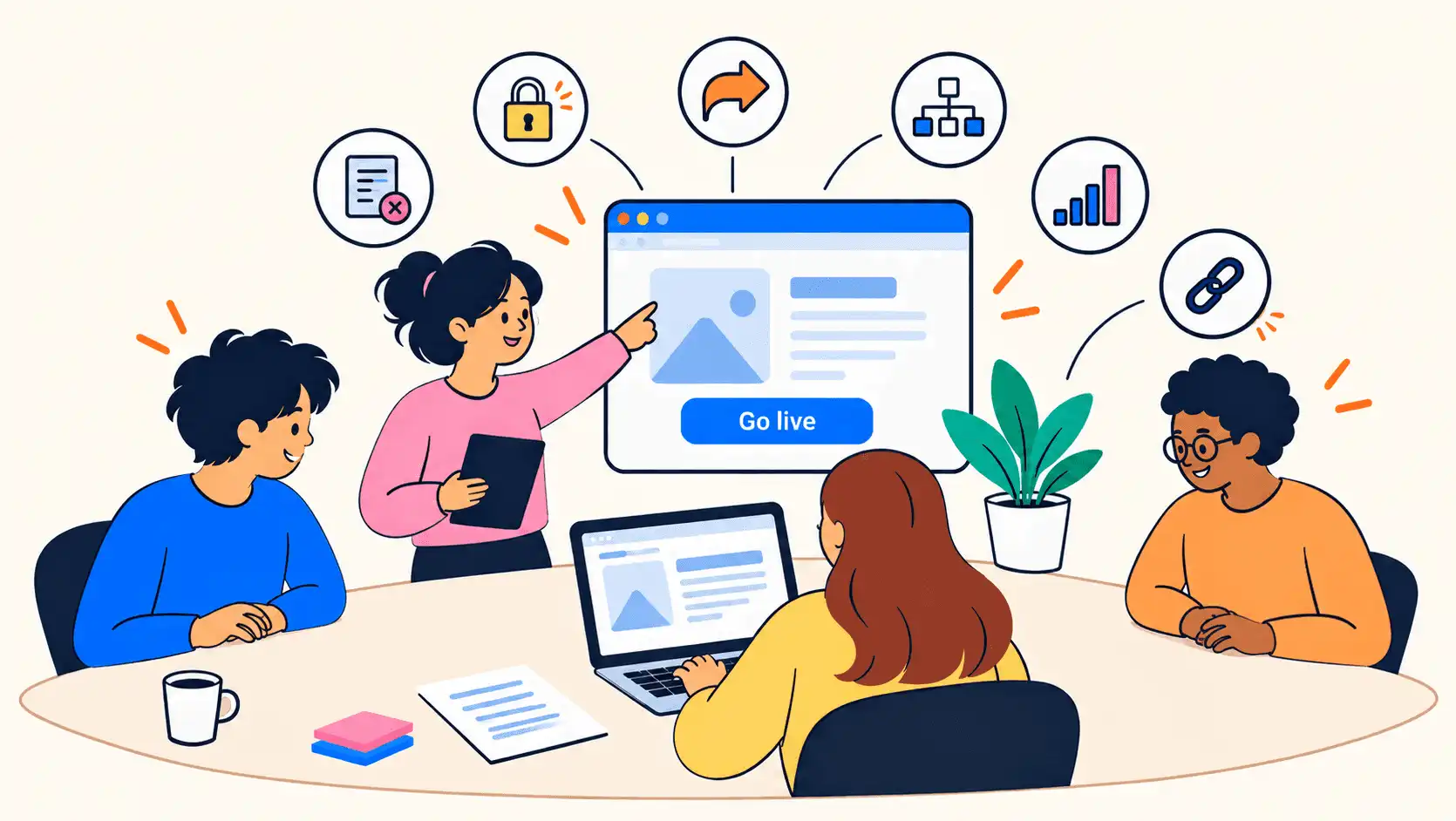 Team gathered around a new website marked Go live, with icons for redirects, sitemap, analytics and links