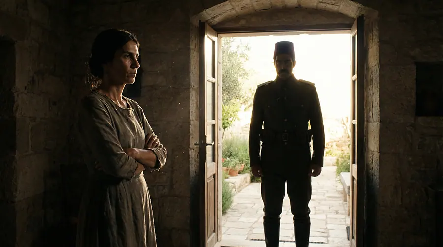 A woman in shadow indoors, an officer silhouetted in the open doorway