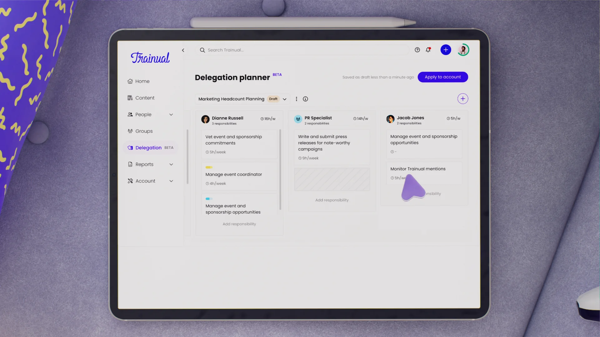 Delegation planner interface in Trainual SaaS app, presented through 3D visuals and motion graphics for easy task management illustration