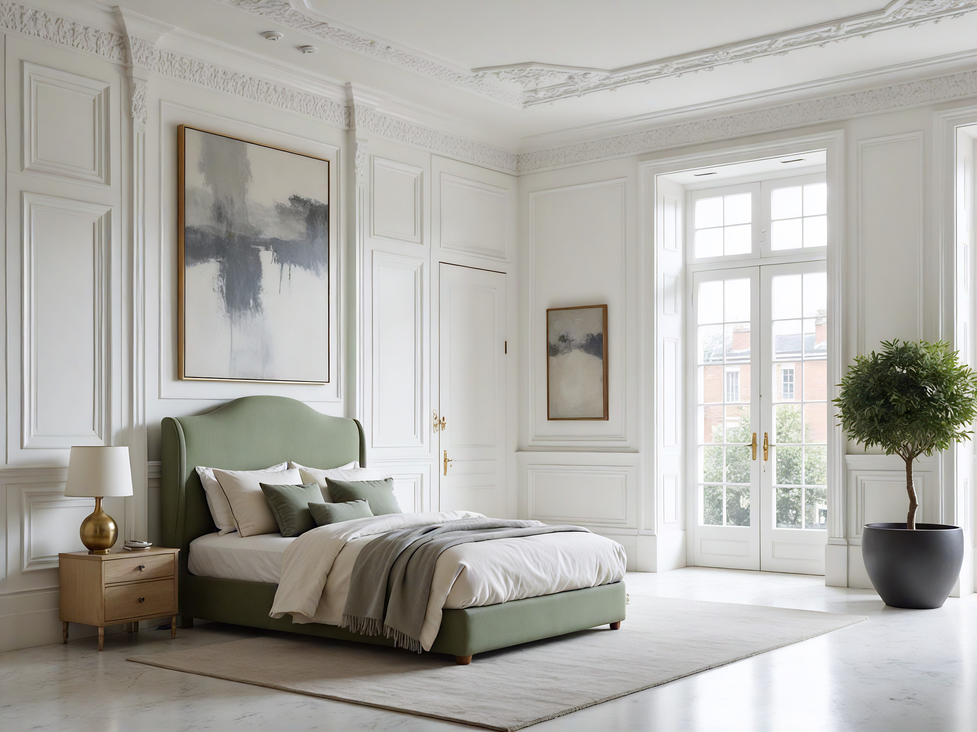 A classic and elegant bedroom with off-white walls features decorative grey raised panels and intricate ceiling moldings. In the left corner, an off-white bedside table with a curved top and three grey drawers with gold-colored handles sits, holding a large grey vase-style lamp with an off-white shade and a glass vase with small stems of tiny buds. In front of the curved, raised wall panel to the right is an off-white double-sized winged upholstered bed with light-colored bedding and beige cushions. At the foot of the bed is an ornate gold-colored and off-white upholstered bench.  A large square-shaped grey rug sits under the bed. In the far wall, between a raised panel on the left and a large, mullioned window is a white wooden door with two panels and round, gold-colored handles. To the right of the window, against the wall, is a large dark-grey vase with a healthy green plant. Sunlight streams in through the window, illuminating the room.