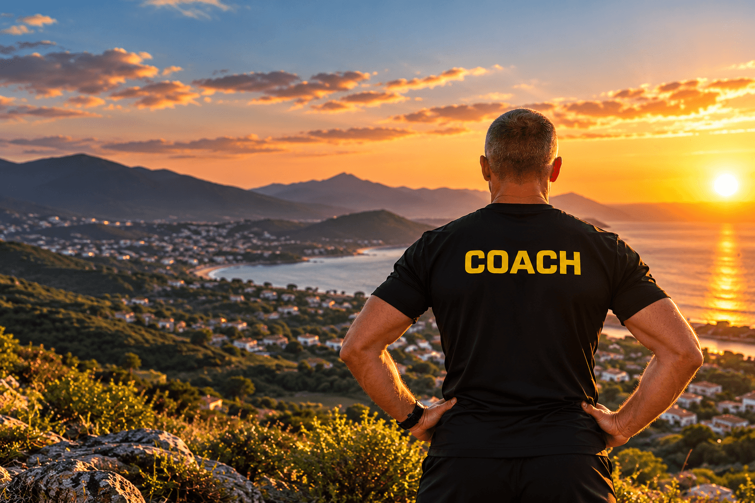 Olivier Ducourt, coach sportif vu de dos face à un paysage au coucher du soleil.