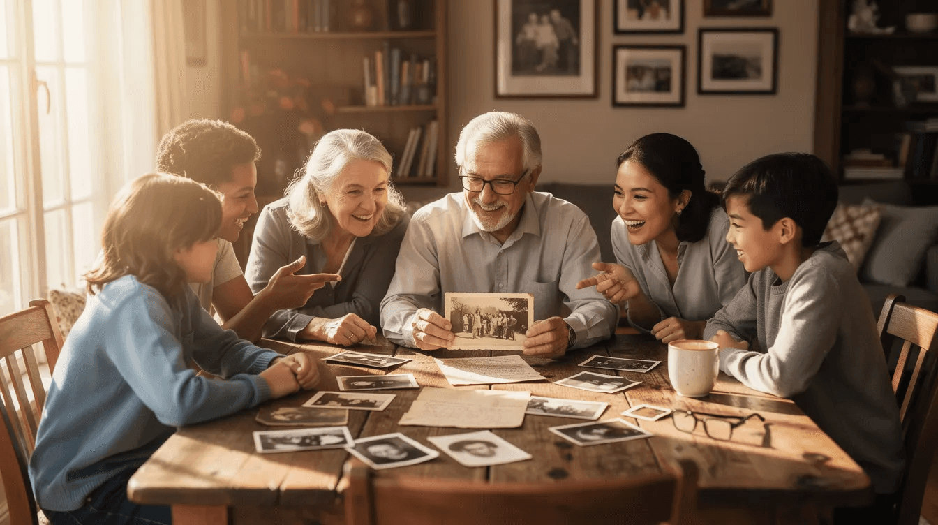 A multi-generational family is gathered around a rustic wooden table, engaging in meaningful discussions as they look through old photographs and documents that reflect their family's history. This family meeting serves as a retreat to strengthen their connections and share stories, ensuring the legacy and values are passed on to future generations.
