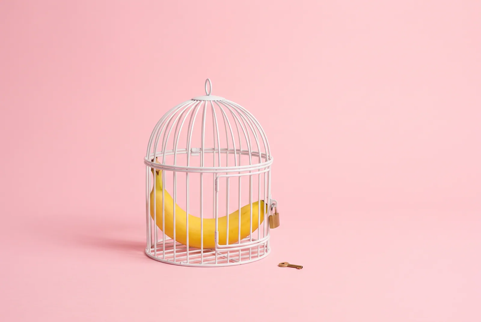 How to stop sexting: a banana inside a small closed birdcage with a padlock on a pastel pink backdrop