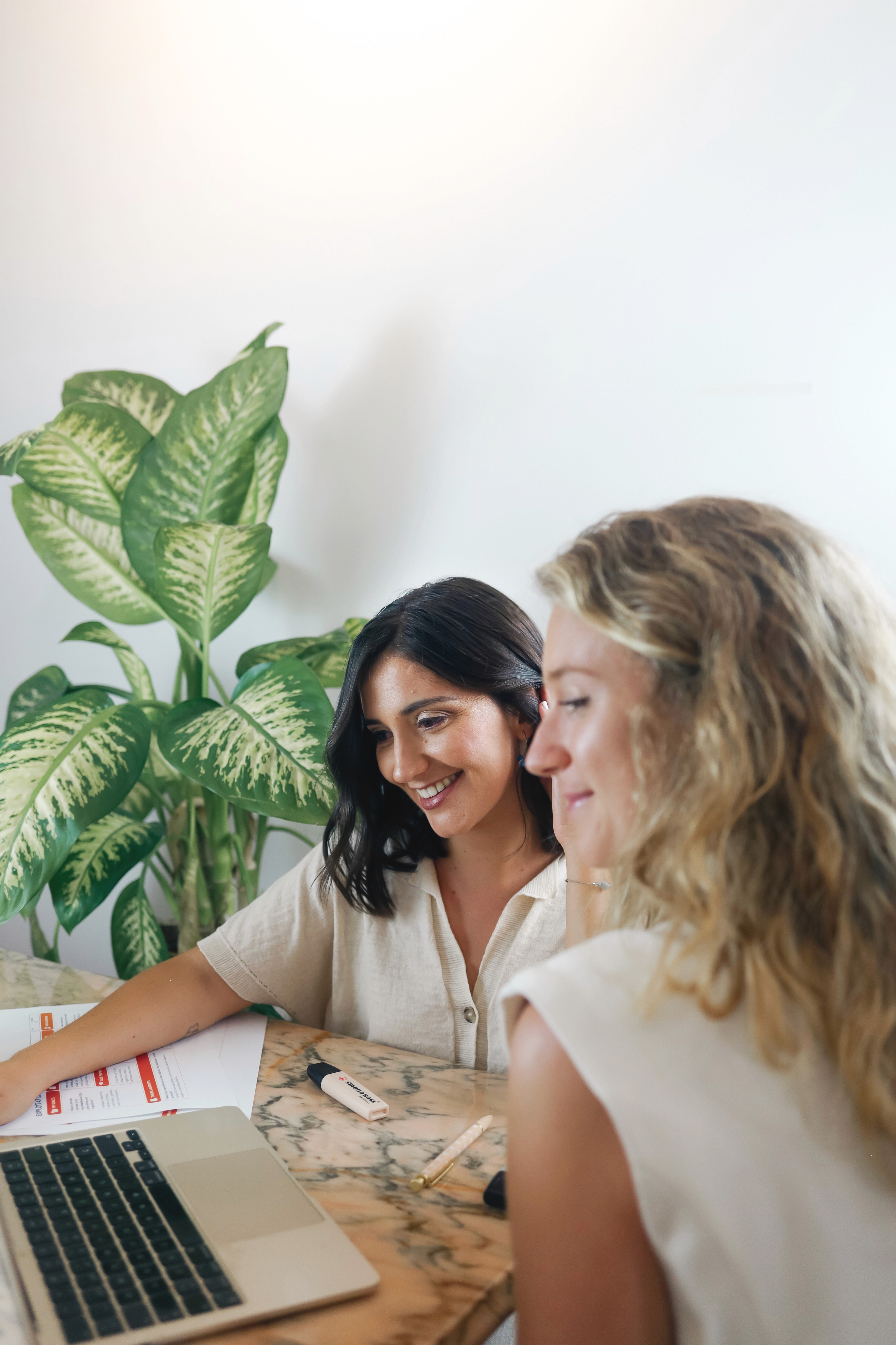 Two team members collaborating at a desk, reviewing project documents on a laptop during a strategy session