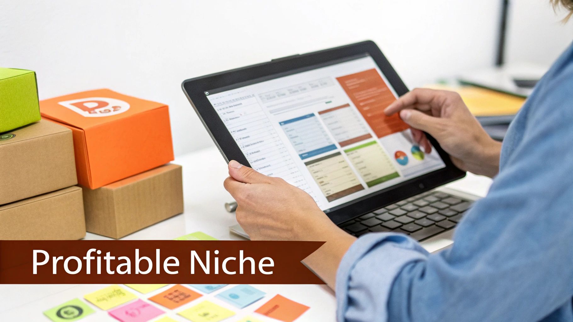 Person analyzing business data on a tablet, surrounded by product boxes and colorful sticky notes.