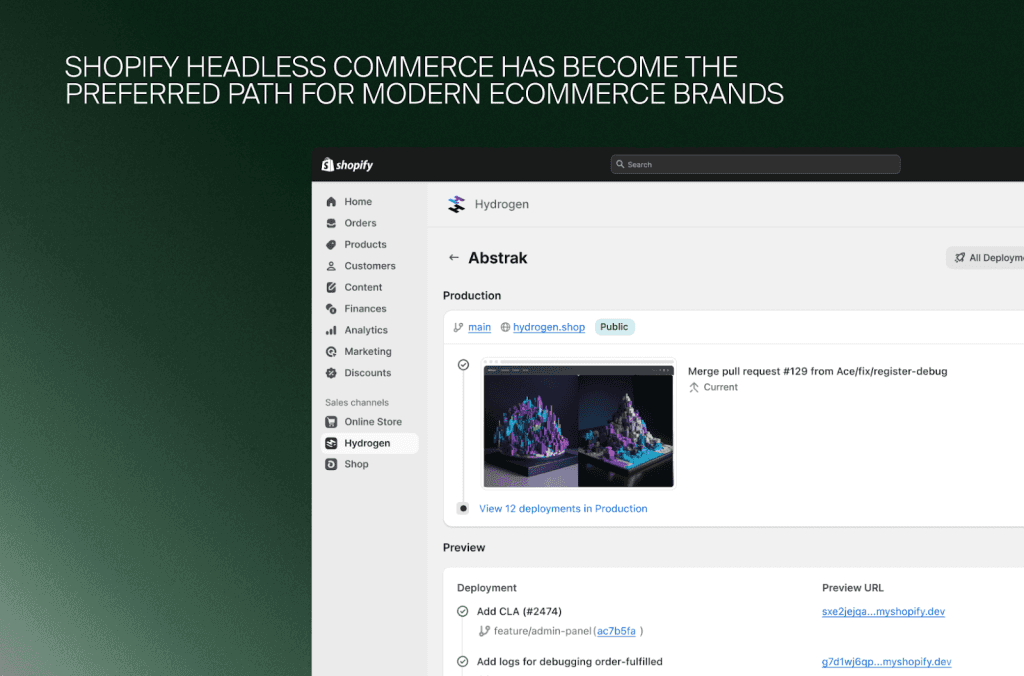 Shopify-Admin mit Produktions- und Preview-Deployments in Hydrogen für eine Headless-Storefront