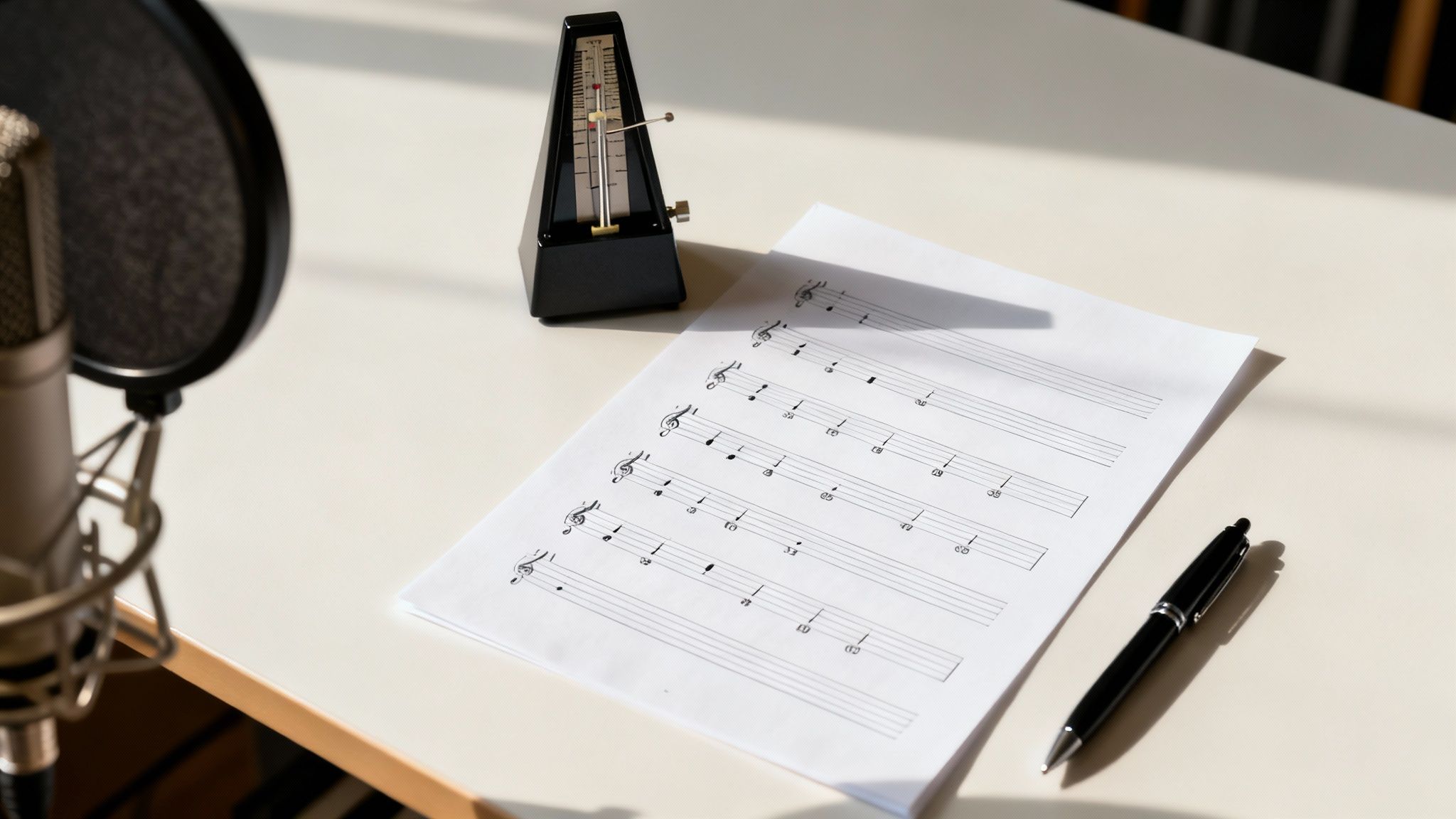 A person focused on writing song lyrics with headphones on.