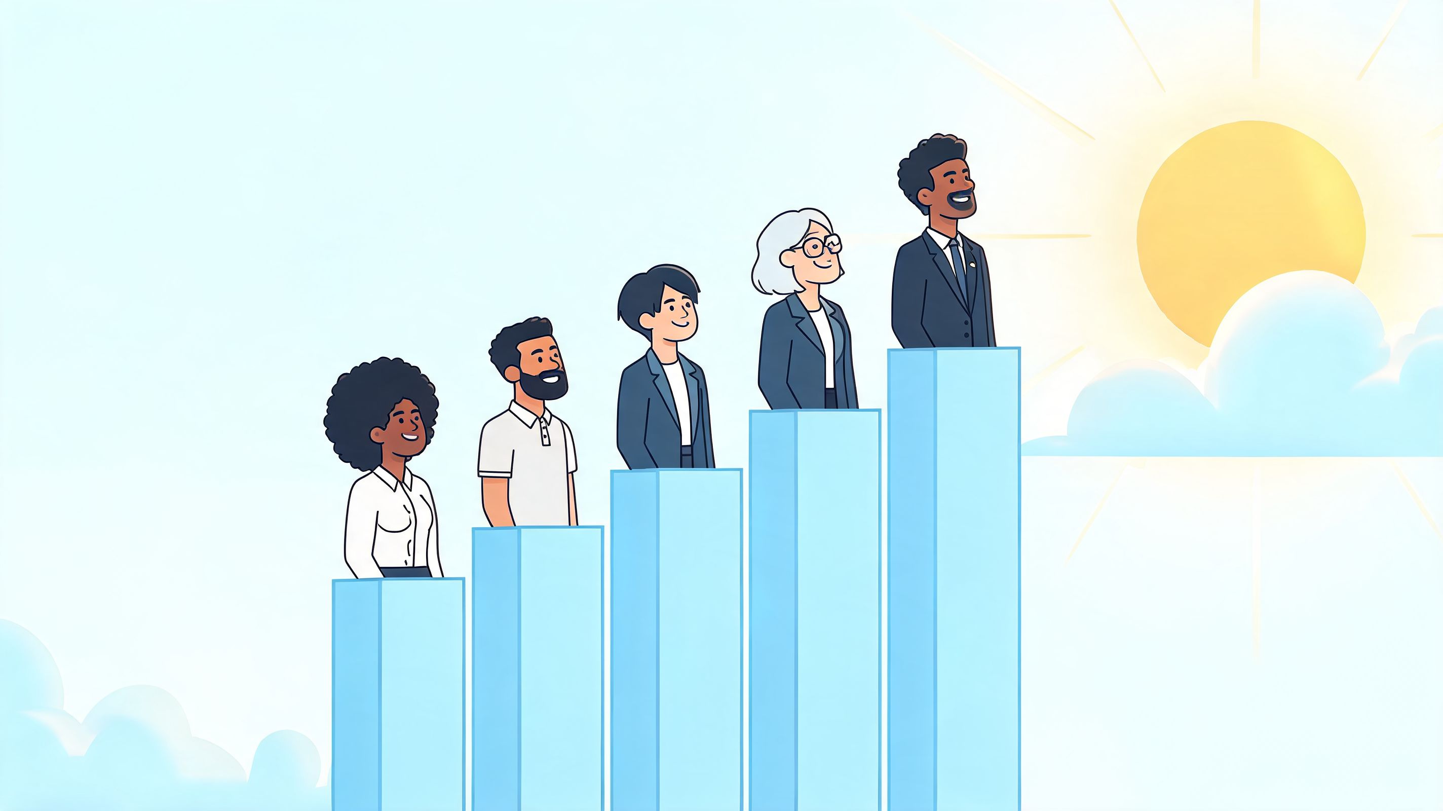 A diverse group of professionals standing on a rising bar chart towards a bright shining sun.