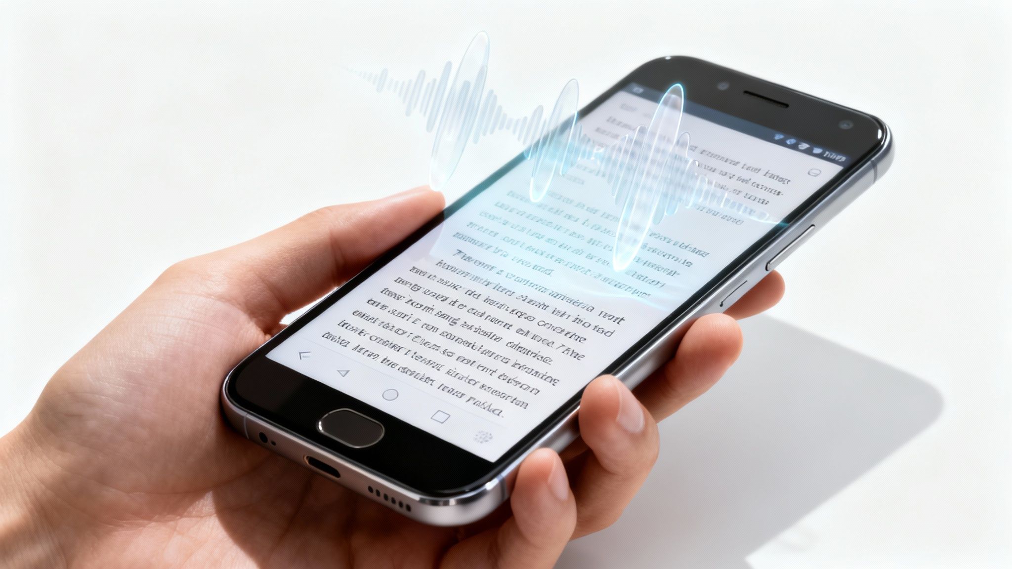 Woman listening to audio on her Android phone in a park.
