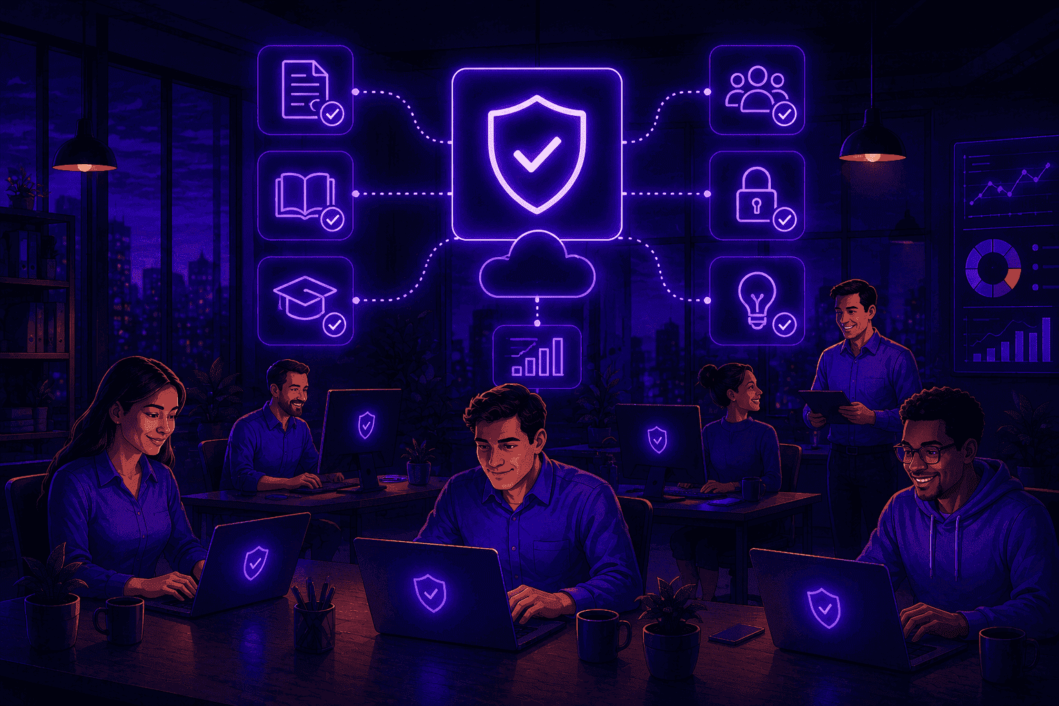 Employees working confidently with an easy-to-understand DLP system, collaborating smoothly while security policies are integrated into everyday workflows.