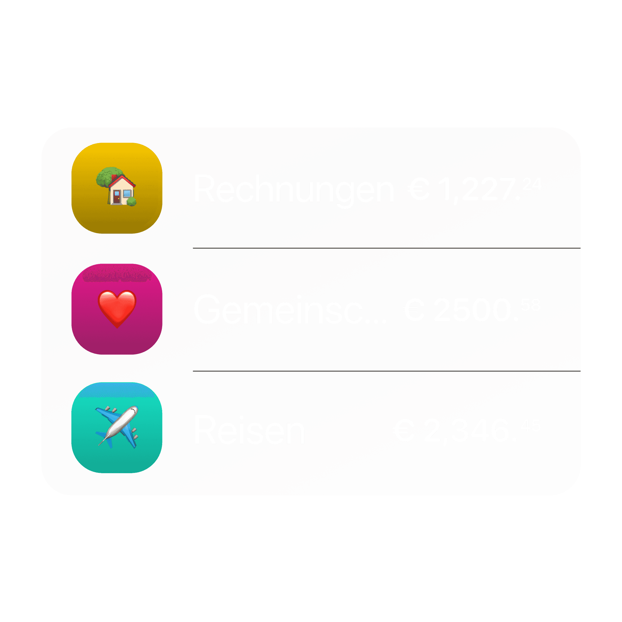 Liste von Konten für Sparen, Gemeinschaftskonten und Reisen mit Euro-Guthaben auf farbigen Karten.