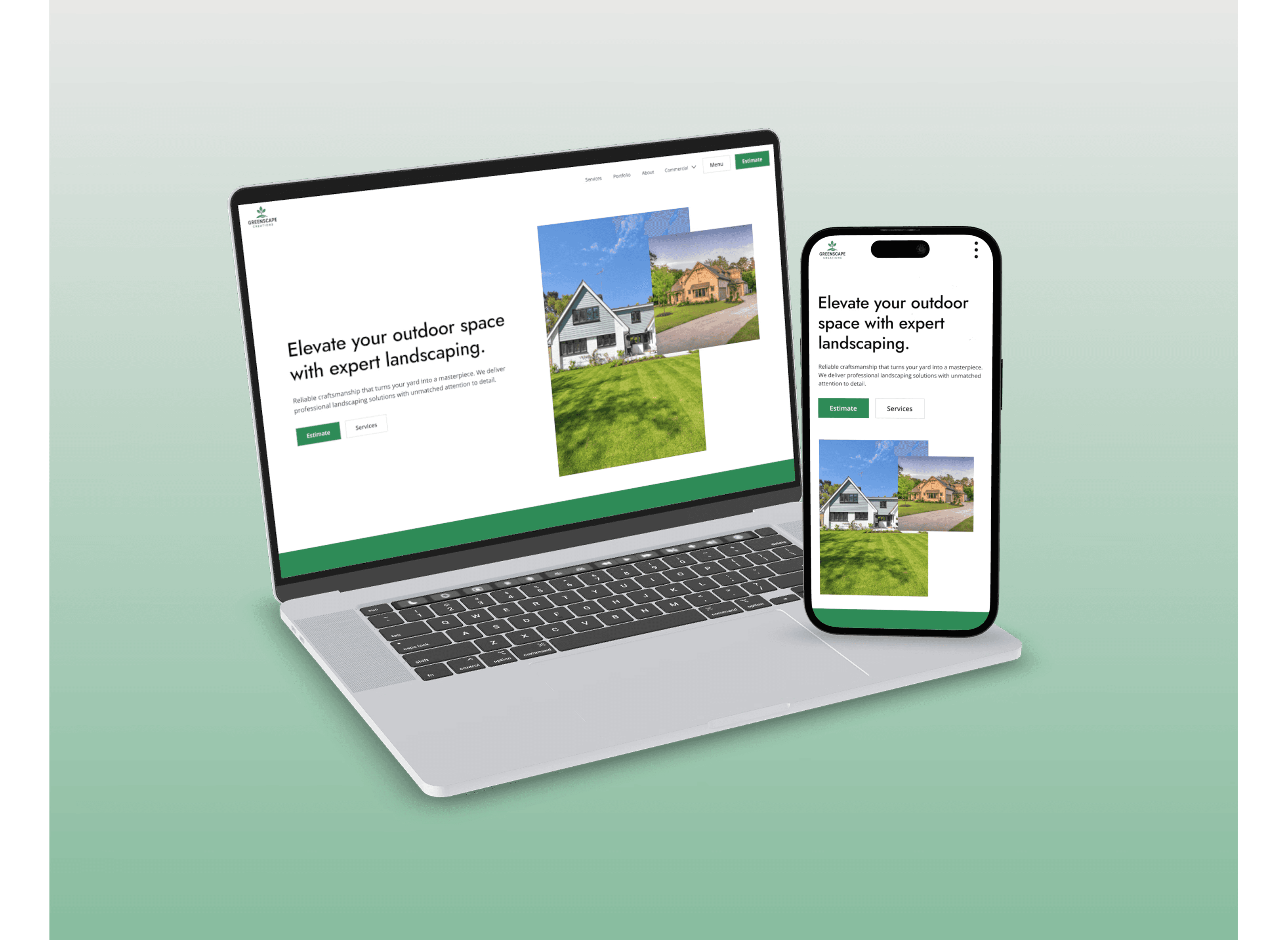 Website mockups on laptop and phone showcasing expert landscaping services with images of beautiful homes.