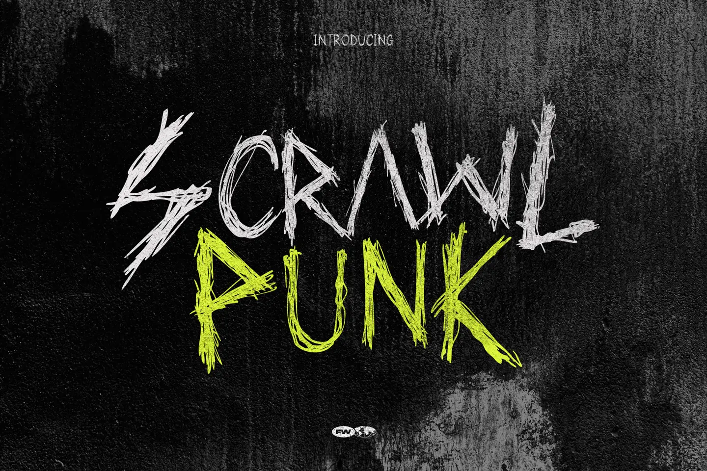 Scrawlpunk handwritten font title with white and lime green scribbled letters on a dark texture