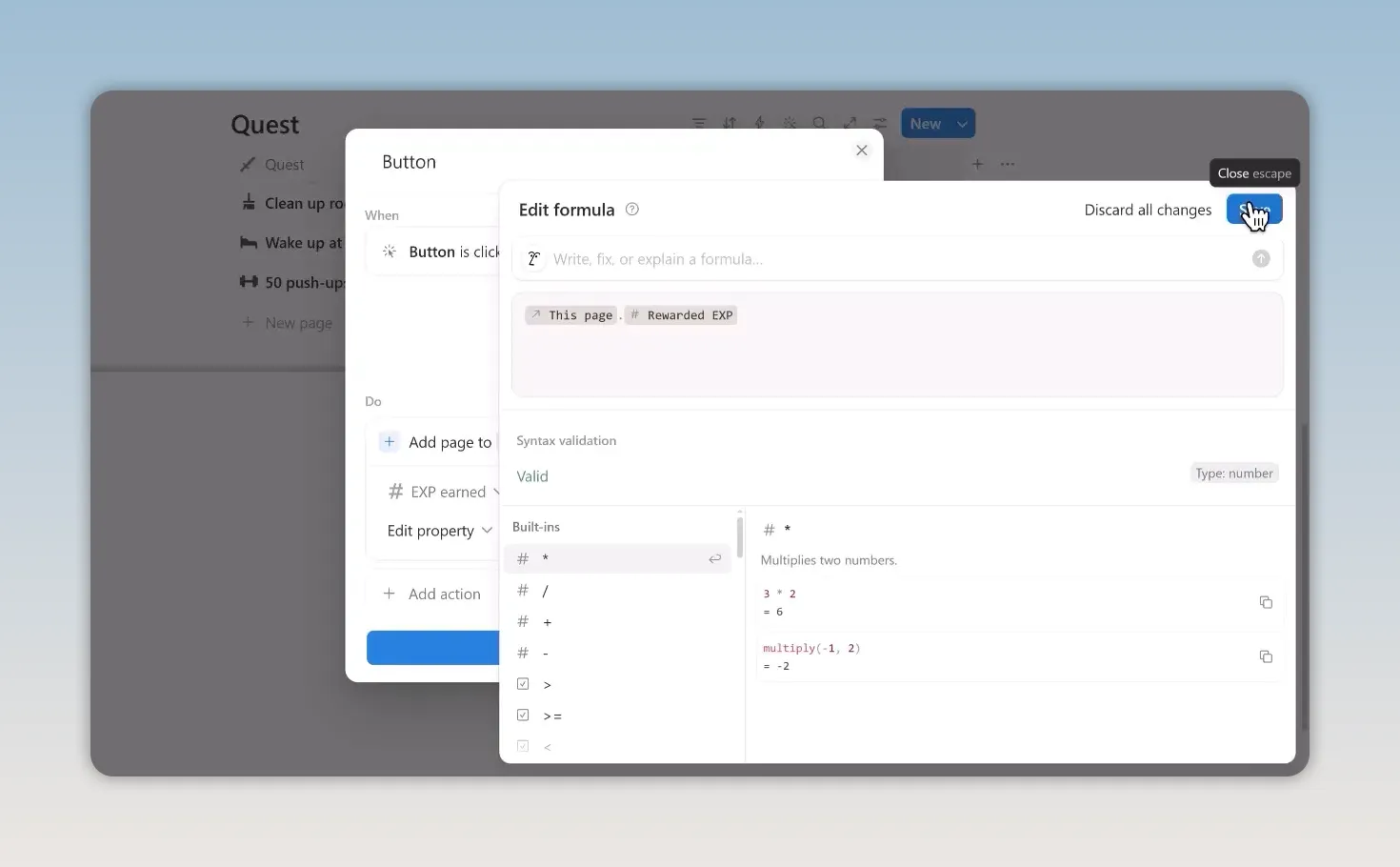 Notion button automation with an EXP property formula for a new Log page