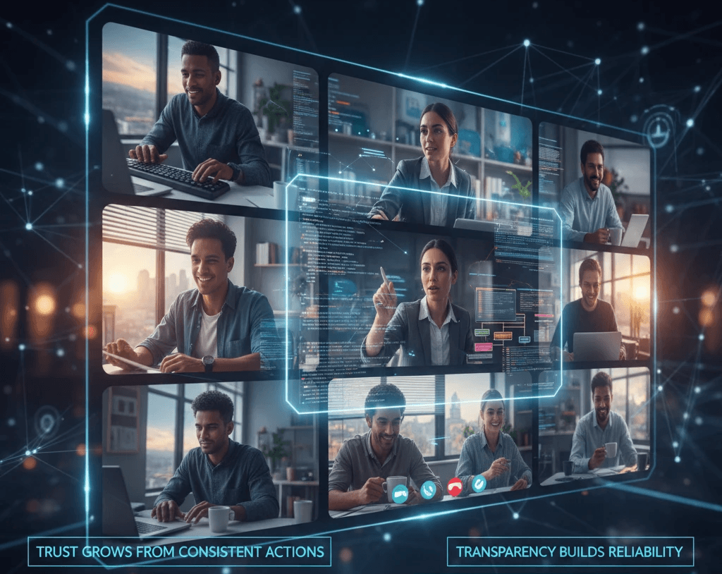 Remote team video call with digital network overlay and trust building messages for developer hiring