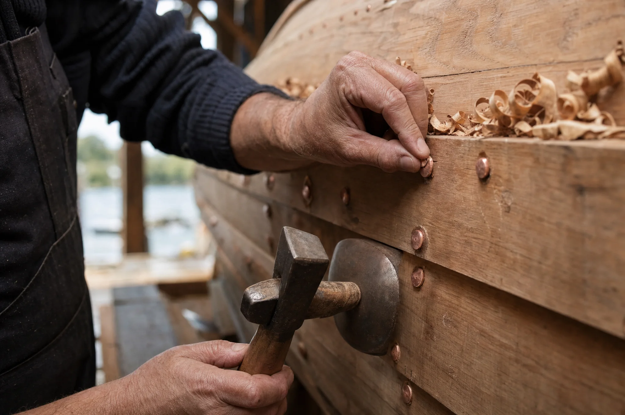 A boatbuilder's hands fitting a copper rivet into clinker planking