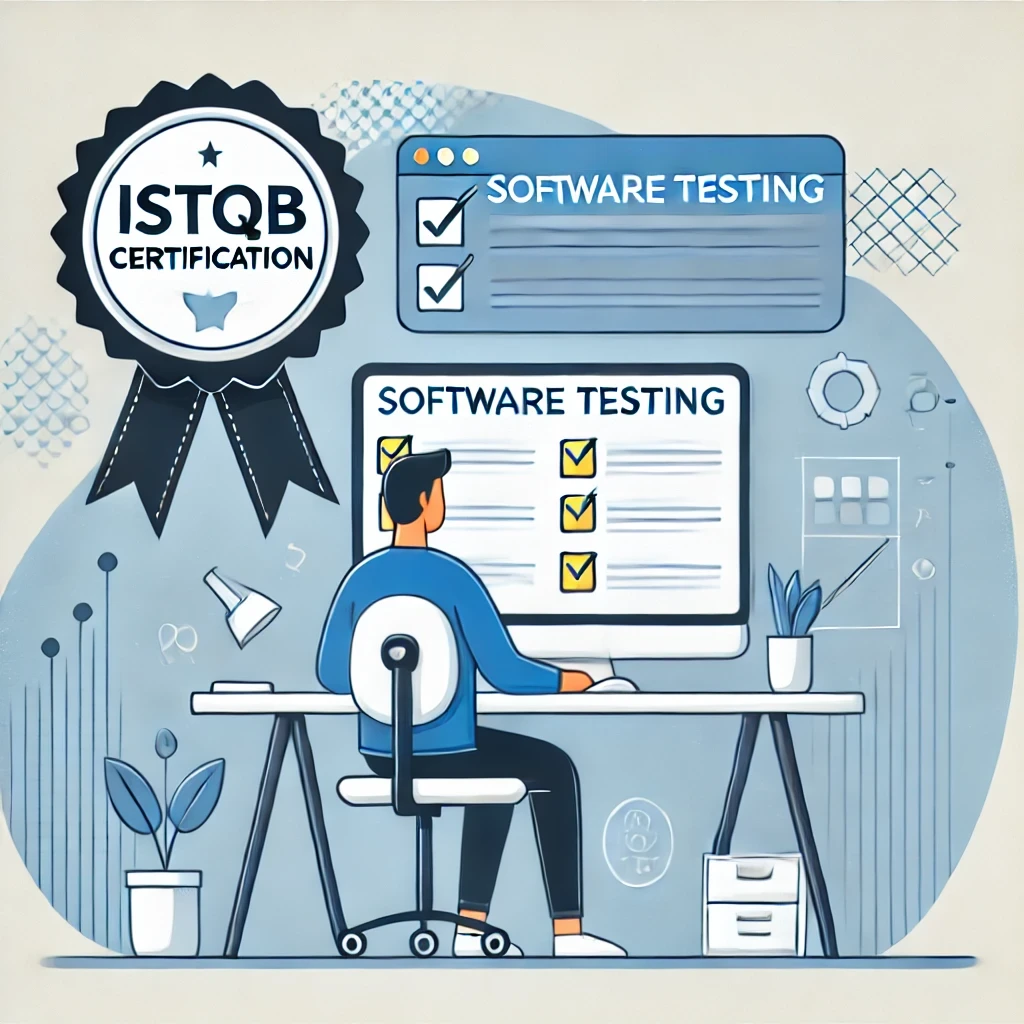 Minimalist flat design illustration of a person working at a desk with a computer displaying software testing tasks. Above them, a floating badge labeled 'ISTQB Certification' symbolizes achievement in software testing. The image features clean lines, a limited color palette of blue, white, and gray, with geometric shapes in the background representing the structured nature of software testing.