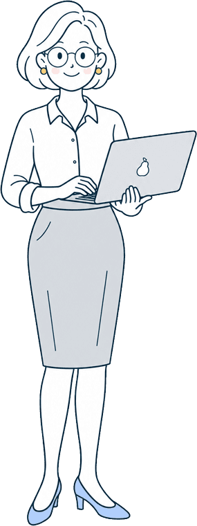 Illustration of a smiling woman with glasses holding an open laptop