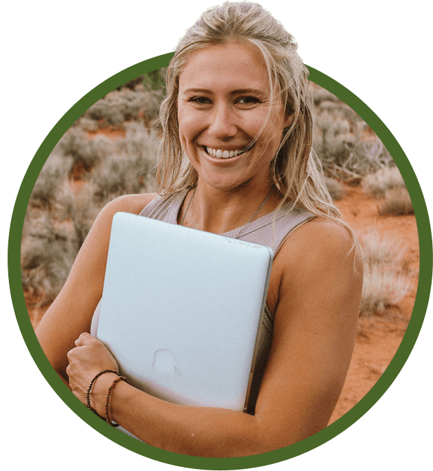 Smiling woman holding a closed laptop against her chest, framed in a circular design overlay, symbolizing creative entrepreneurship.