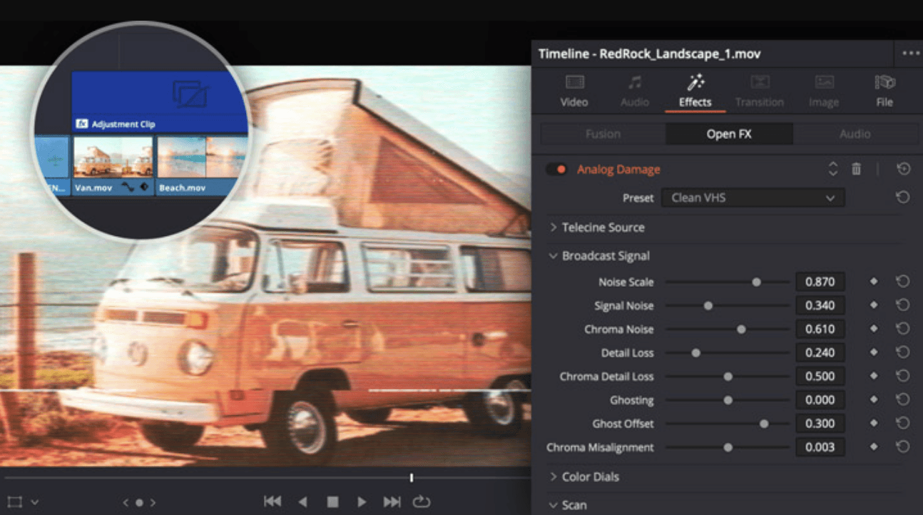 DaVinci Resolve Inspector displaying Analog Damage OpenFX settings alongside the Viewer and an adjustment clip.