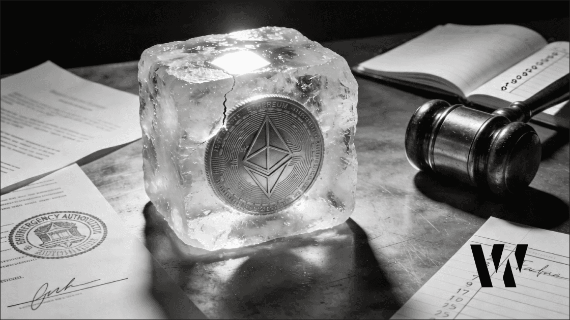 Ethereum coin encased in ice on a steel table beside a stamped authorization document and gavel, nine of twelve signatures filled.
