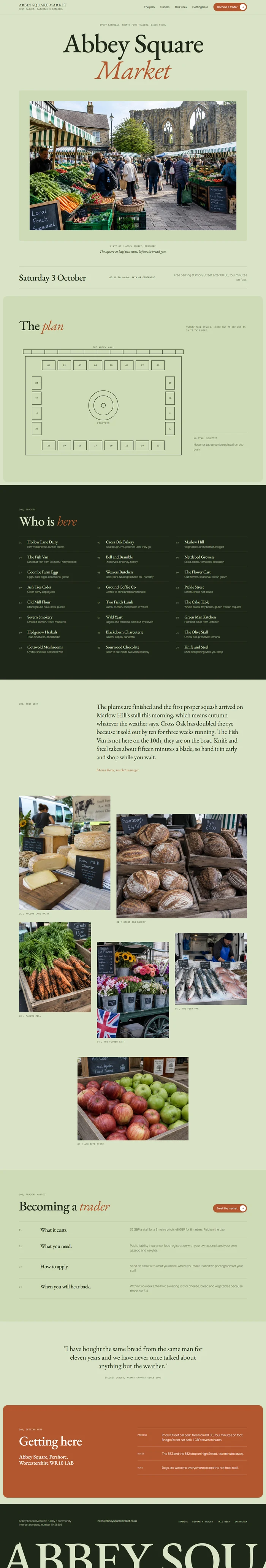 Full page of an AI-generated farmers market website with a framed hero photo, a This Saturday row, a drawn stall plan of the square, a dark trader index, a manager's note, a loose photo grid, trader application rows, a quote, a rust Getting here panel and a dark footer