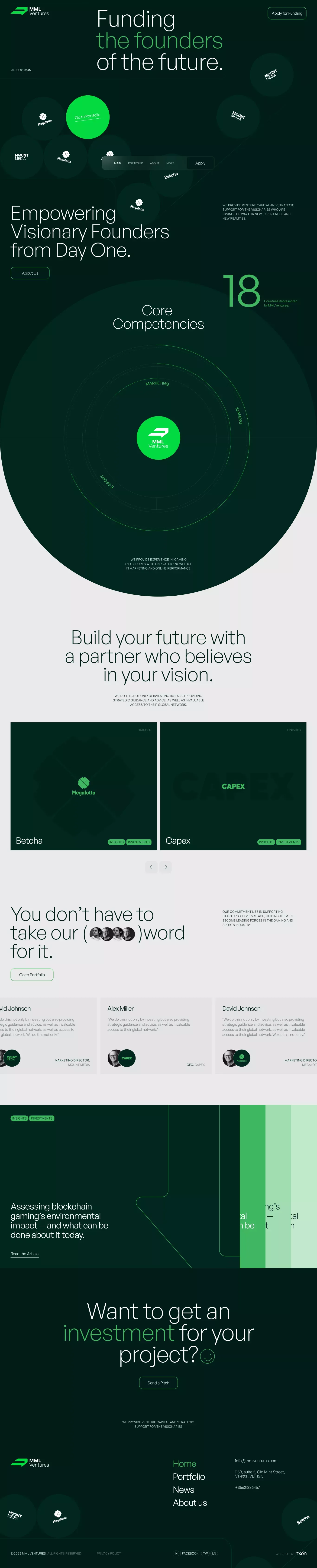 MML Ventures landing page screenshot showcasing Finance and Gaming design