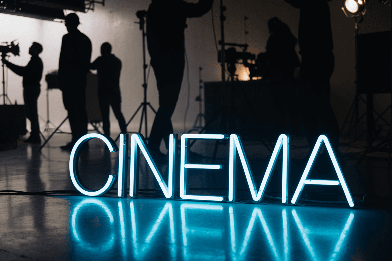 Cinematic studio lighting and film crew silhouettes representing video production in Tampa