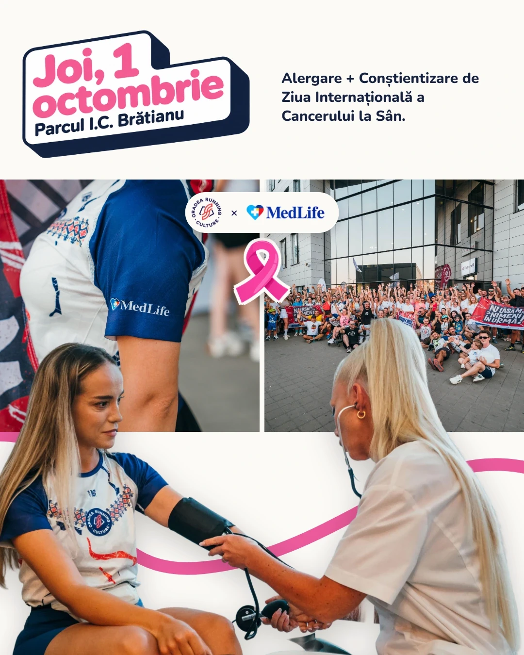 Afiș Pinktober Oradea: alergare ORC alături de MedLife, joi, 1 octombrie, în Parcul I.C. Brătianu, pentru conștientizarea cancerului de sân.