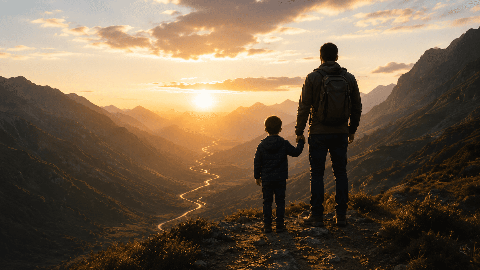 A father and son setting out on a mountain path toward sunrise.
