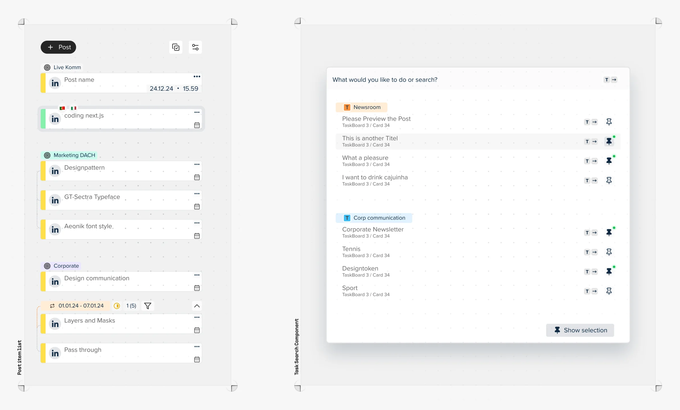 Design-Component der Software uhub.io, zeigt eine Listenansicht von Social-Media-Posts mit Titeln, Tags und Datumsangaben sowie eine Auswahlmaske zur Filterung und Organisation von Inhalten.