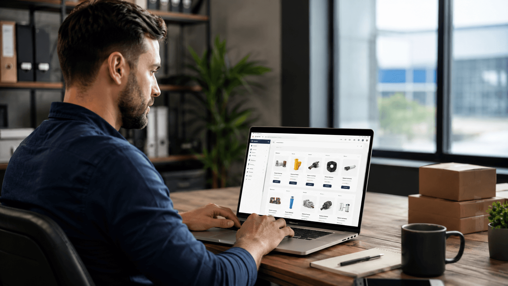 Homem utilizando um portal de pedidos B2B em um notebook dentro de um escritório moderno. Na tela aparecem produtos organizados em catálogo digital, sugerindo consulta de histórico e recompra online. O ambiente possui caixas de pedidos, mesa de madeira e iluminação natural, transmitindo praticidade, autonomia e rotina comercial digital.