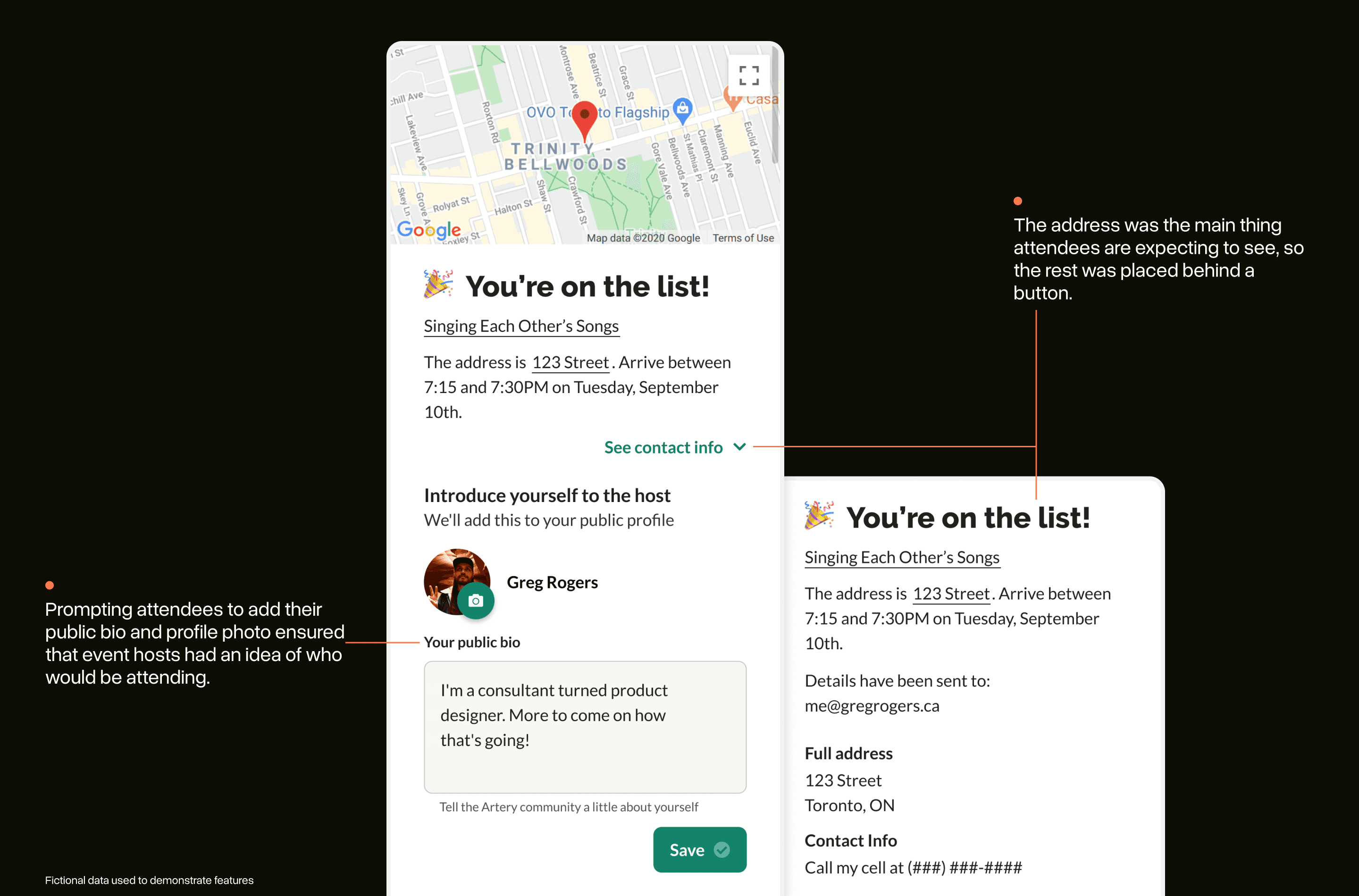 A number of screenshots for the success screen. Captions highlight that the screen prompted attendees to add an introduction so that hosts would know who would be attending.