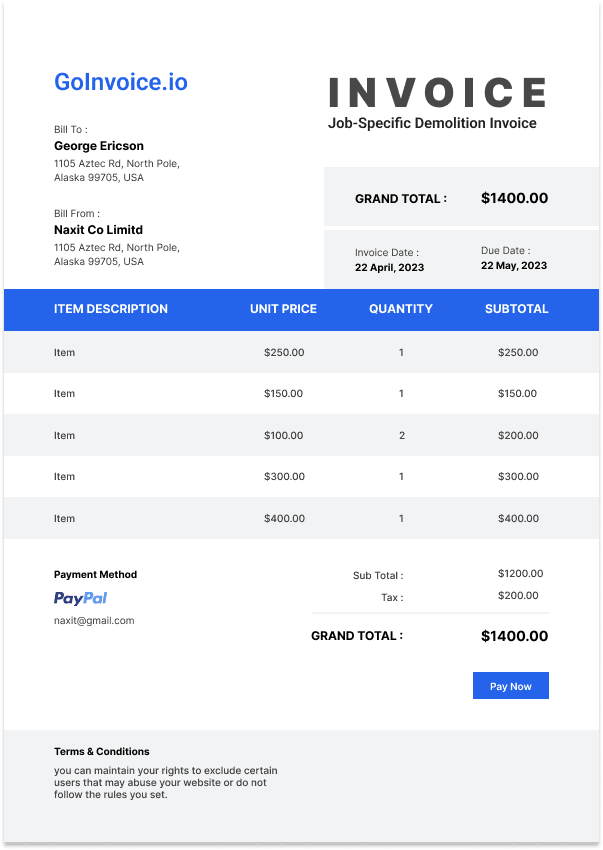 Job-Specific Demolition Invoice