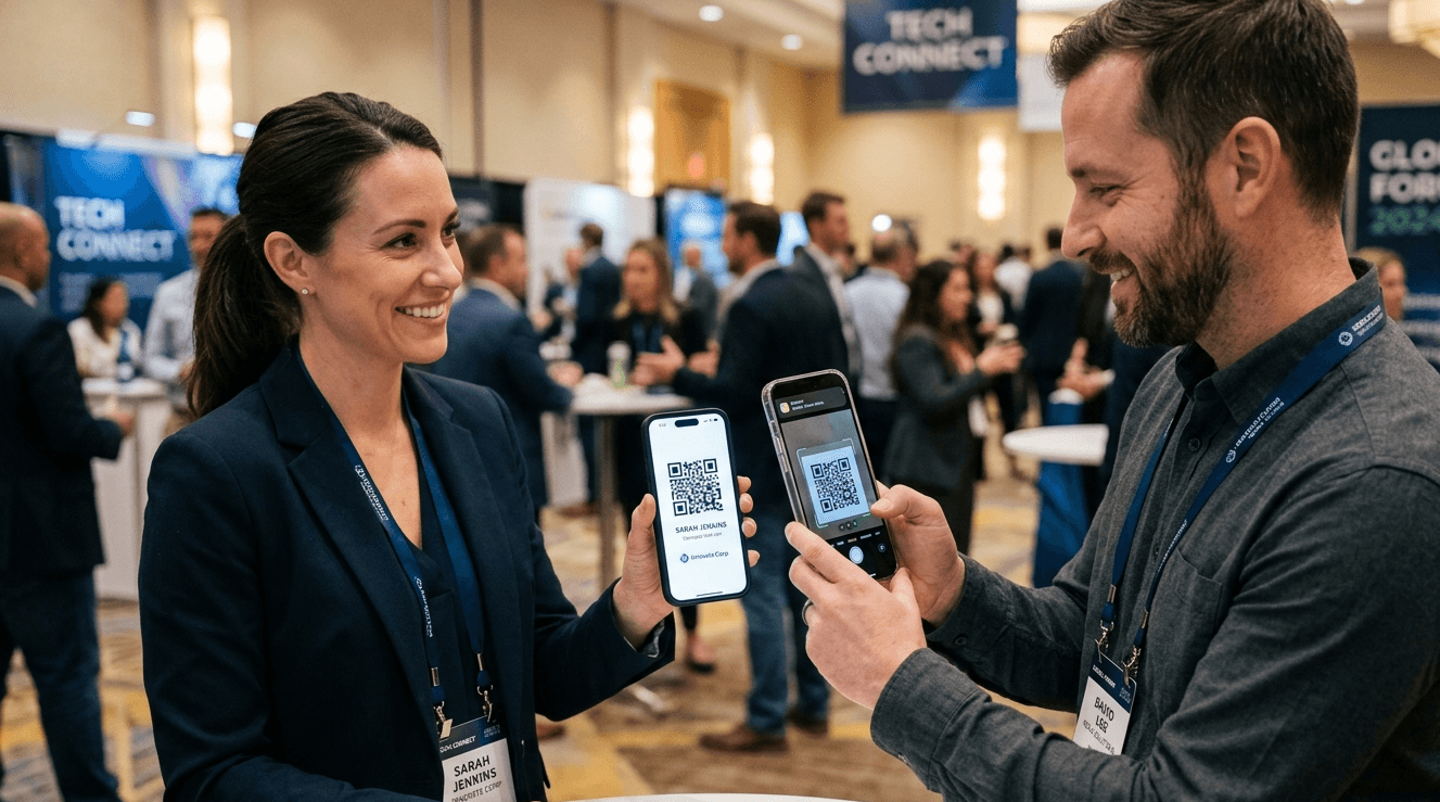 Scanning a QR code to share a digital business card at an event
