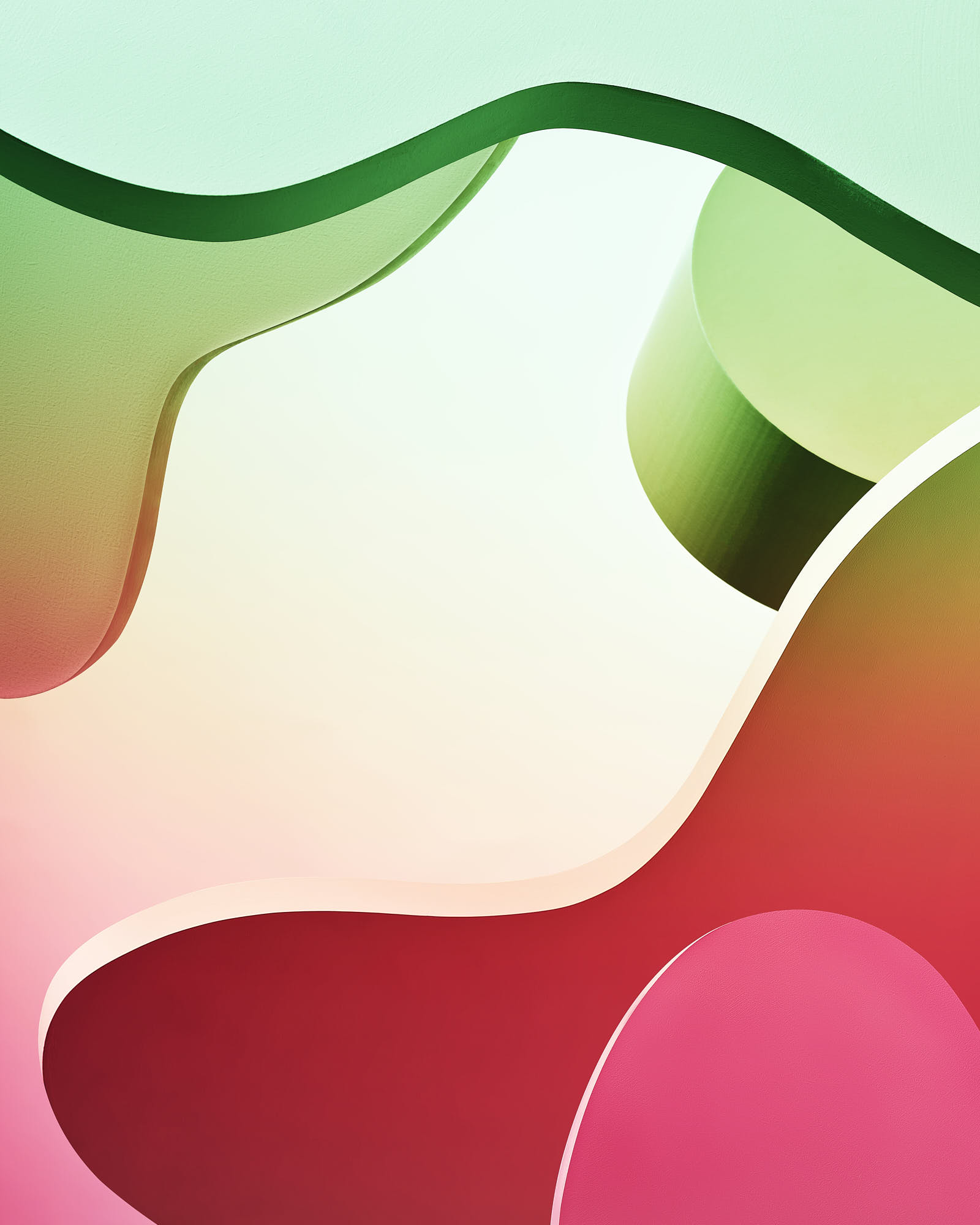 Abstract colorful shapes in green, pink, and red create a modern design background.