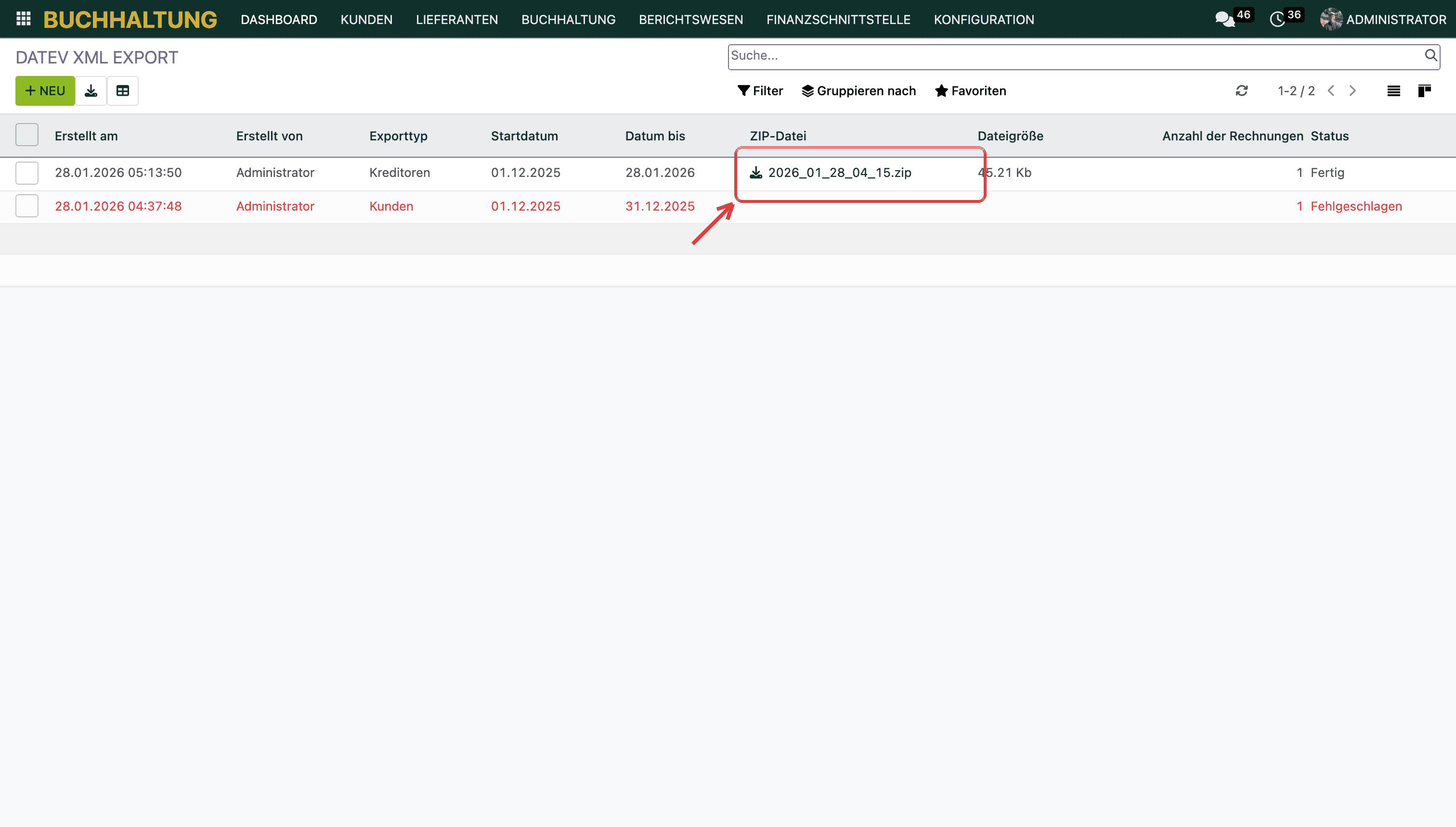 Fertiger Export: ZIP-Datei in der Liste
