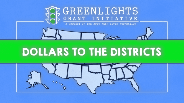 Educational animation with Greenlights Grant Initiative logo and map highlighting Dollars to the Districts