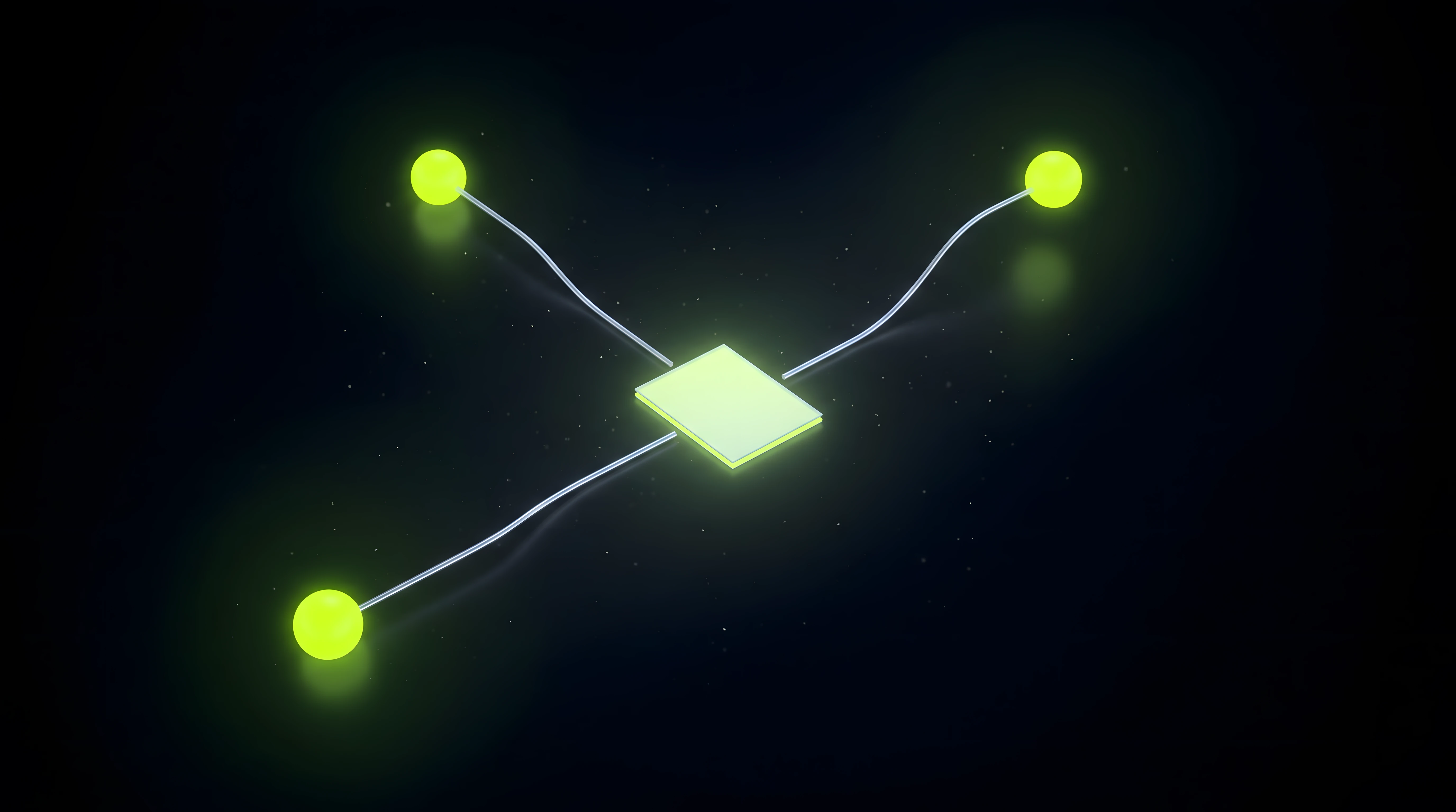 Three small glowing toxic lime nodes connected by thin chrome lines converging into a single clean panel on deep void black, representing three questions resolving into one written scope.