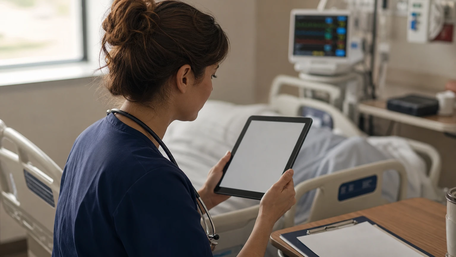 A nurse reads a plain-language risk explanation on a tablet at a patient's bedside.
