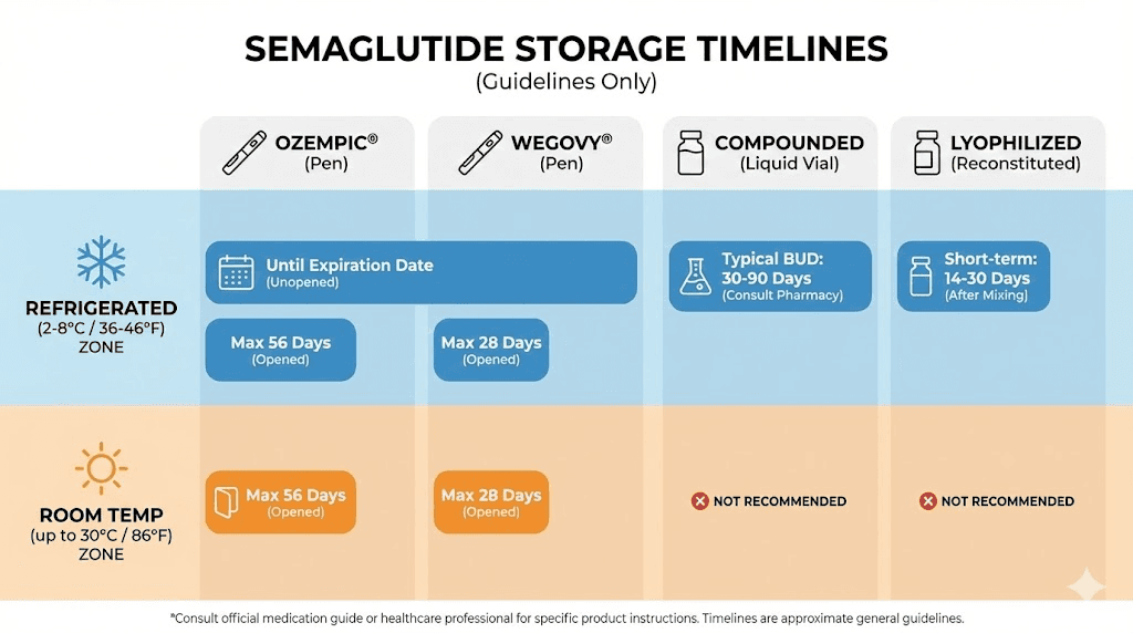 Semaglutide refrigeration timeline comparison chart for all forms
