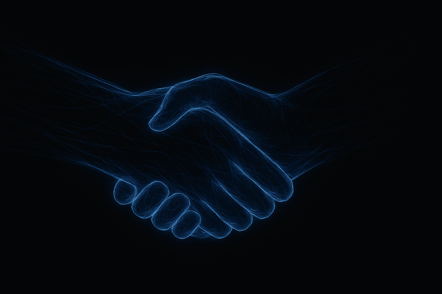 Blue Glowing Handshake in Pitch Black Background