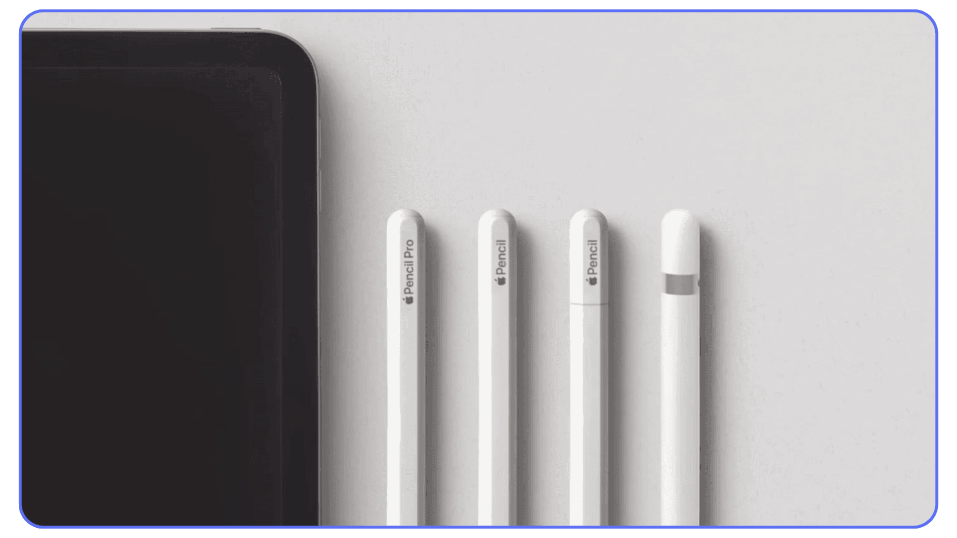 Apple Pencil Pro and previous generation Apple Pencils aligned next to an iPad on a white surface.