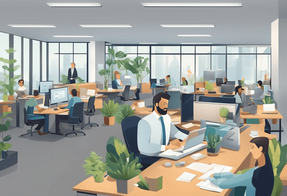 A bustling office with employees engaged in work, balanced with moments of rest and collaboration. Clear signs of a healthy work-life balance and sustainable productivity practices evident throughout the scene