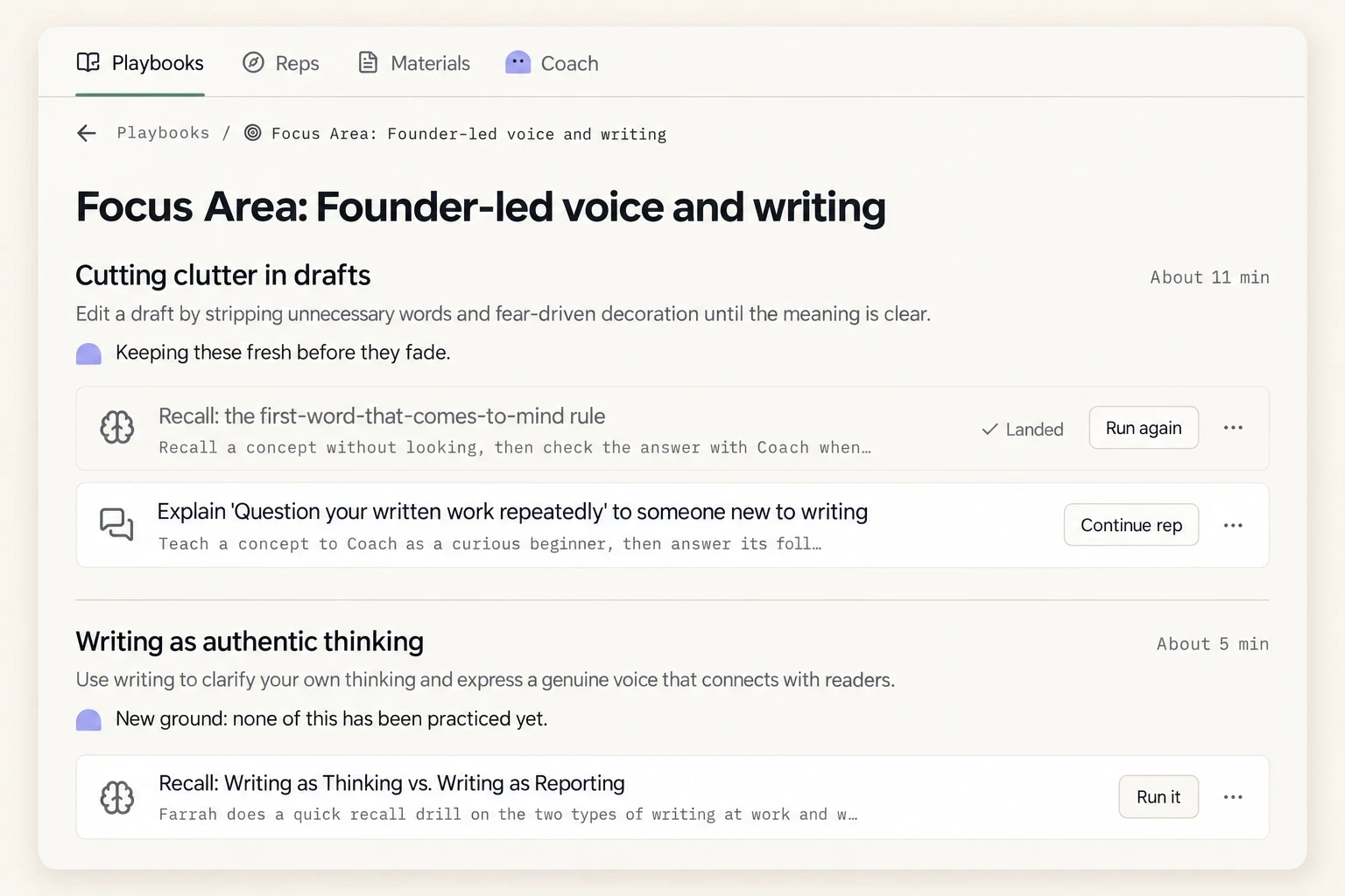 The updated playbook shows three activities across Cutting clutter in drafts and Writing as authentic thinking, with Landed, Continue rep and Run it states.